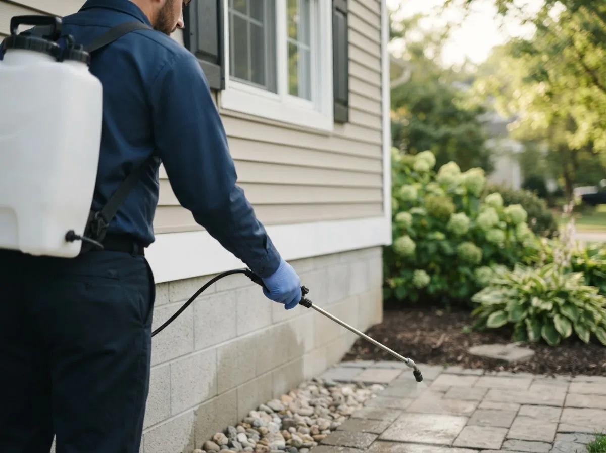 Pest control technician inspecting a home in Grapeland, TX